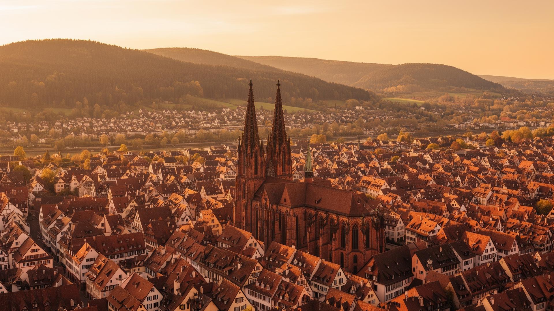 Luftaufnahme von Freiburg mit Münster und Schwarzwald